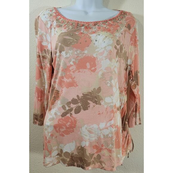 Ruby Rd Pink Salmon Floral Print Beaded Sequin Bodice Medium Lightweight Soft - Picture 1 of 7